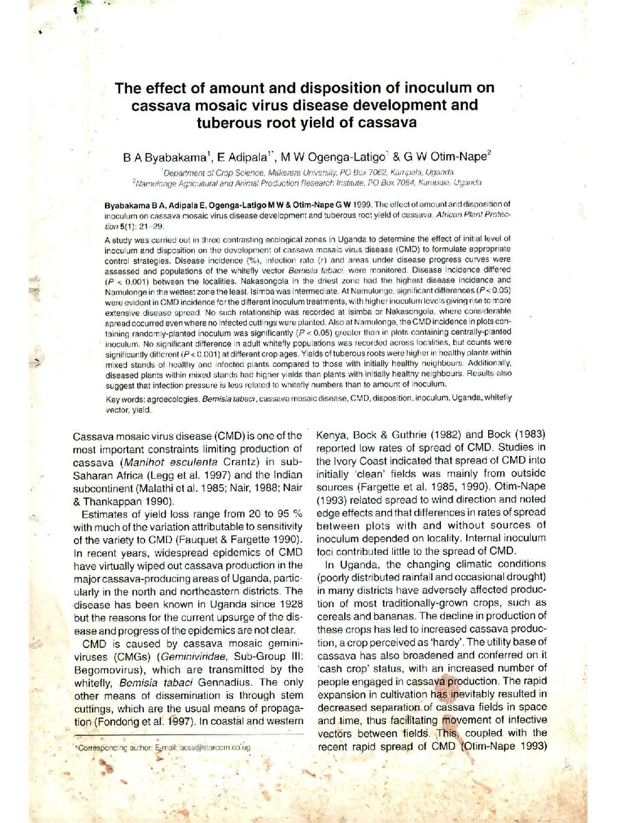 First page of The Effect of Amount and Disposition of Inoculum on Cassava Mosaic Virus Disease Development and Tuberous Root Yield of Cassava