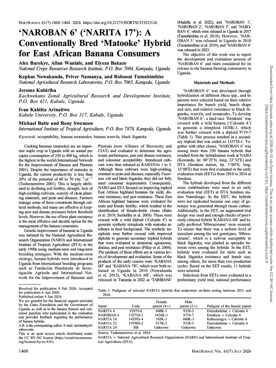 First page of ‘NAROBAN 6’ (‘NARITA 17’): A Conventionally Bred ‘Matooke’ Hybrid for East African Banana Consumers.