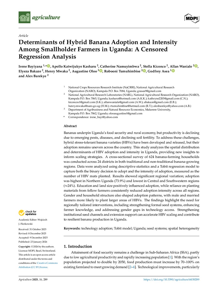 First page of Determinants of Hybrid Banana Adoption and Intensity among Smallholder Farmers in Uganda: A Censored Regression Analysis