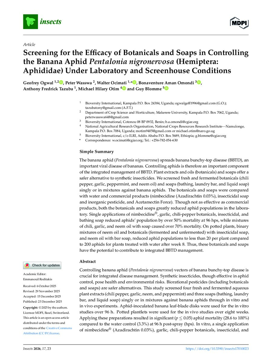 First page of Screening for the Efficacy of Botanicals and Soaps in Controlling the Banana Aphid Pentalonia nigronervosa (Hemiptera: Aphididae) Under Laboratory and Screenhouse Conditions