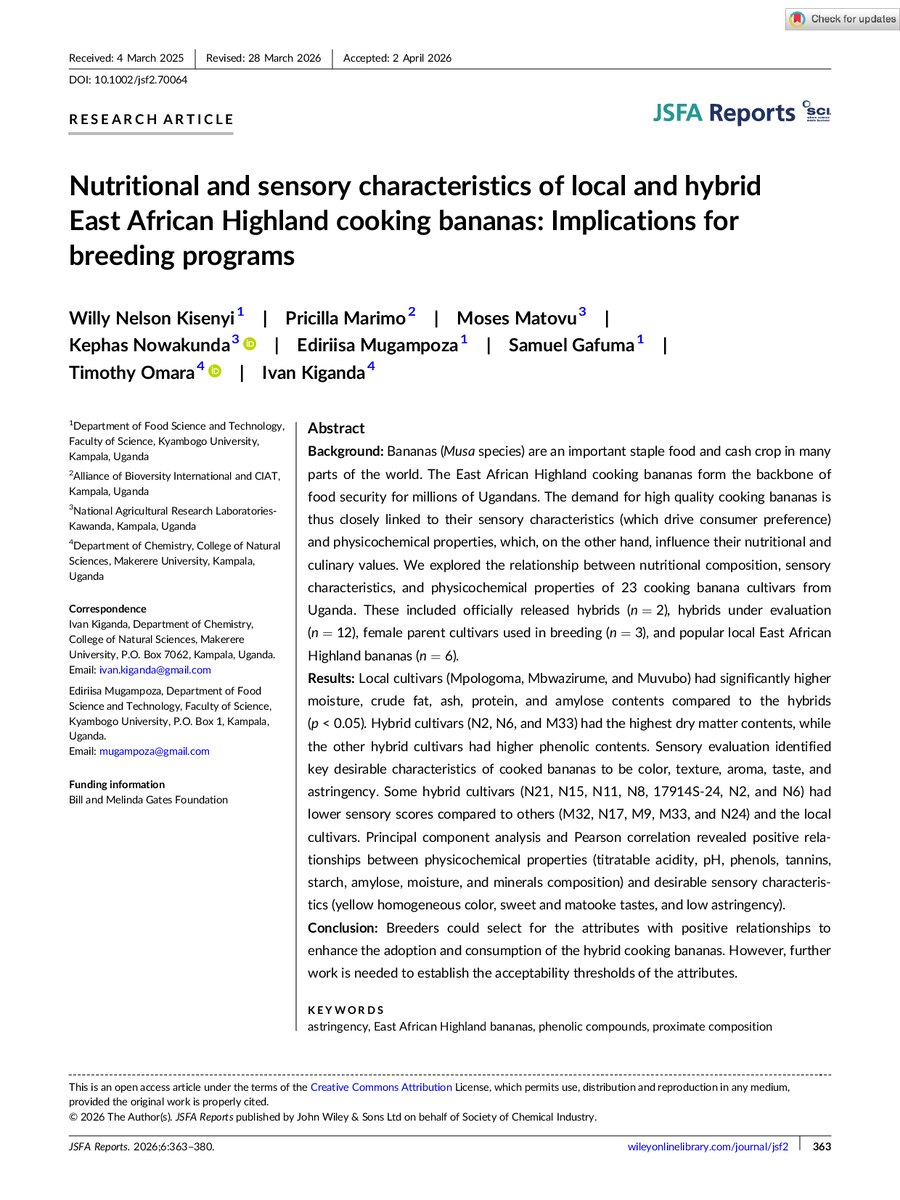 First page of Nutritional and sensory characteristics of local and hybrid East African Highland cooking bananas: Implications for breeding programs