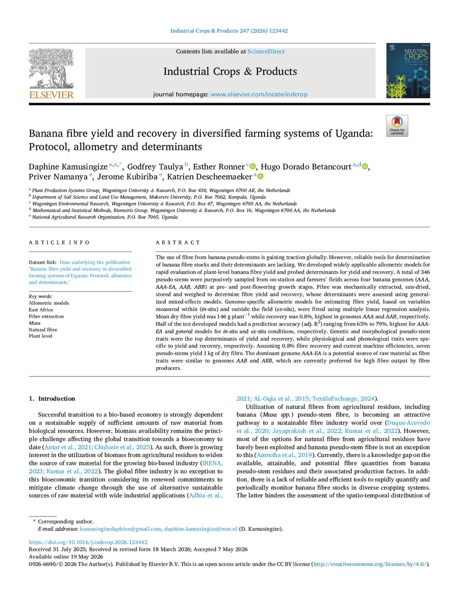 First page of Banana fibre yield and recovery in diversified farming systems of Uganda: Protocol, allometry and determinants
