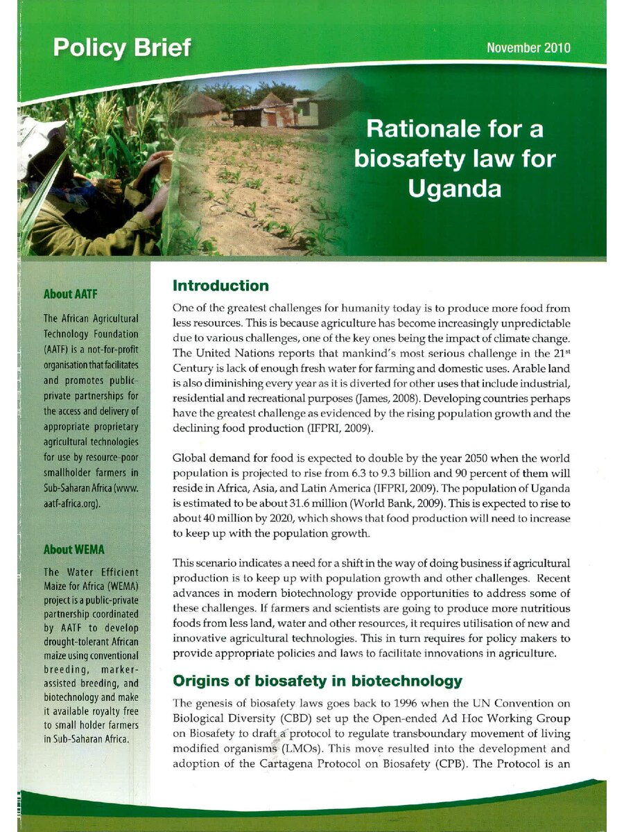First page of Rationale for a Biosafety Law for  Uganda