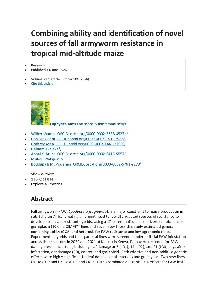 First page of Combining ability and identification of novel sources of fall armyworm resistance in tropical mid-altitude maize