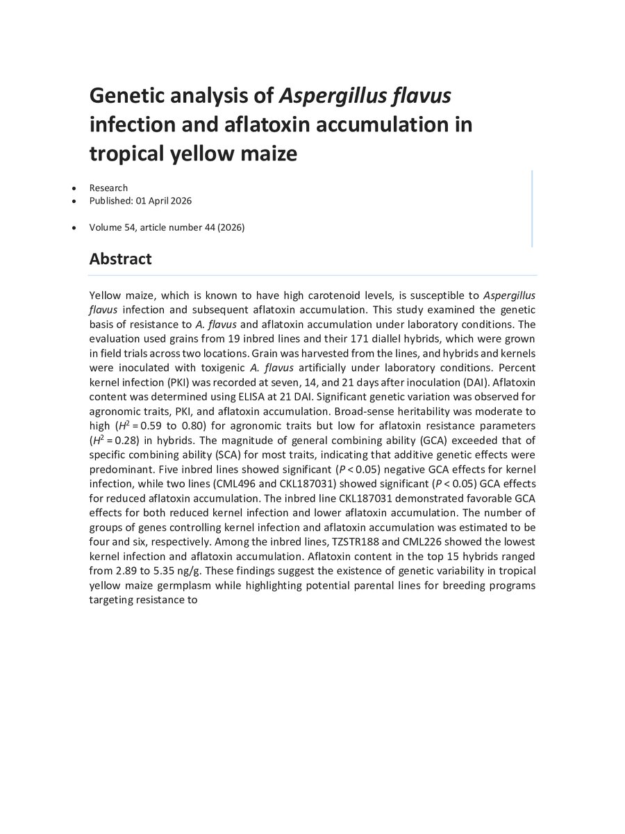 First page of Genetic analysis of Aspergillus flavus infection and aflatoxin accumulation in tropical yellow maize