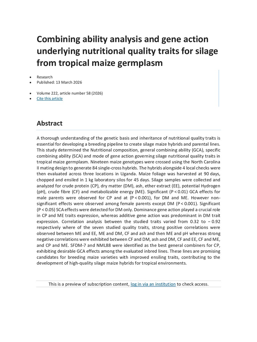 First page of Combining Ability Analysis and Gene Action Underlying Nutritional Quality Traits for Silage from Tropical Maize Germplasm