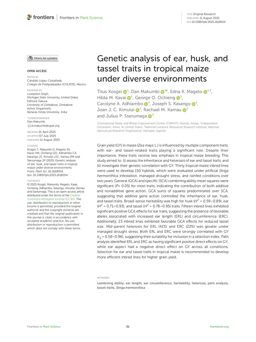 First page of Genetic analysis of ear, husk, and tassel traits in tropical maize under diverse environments