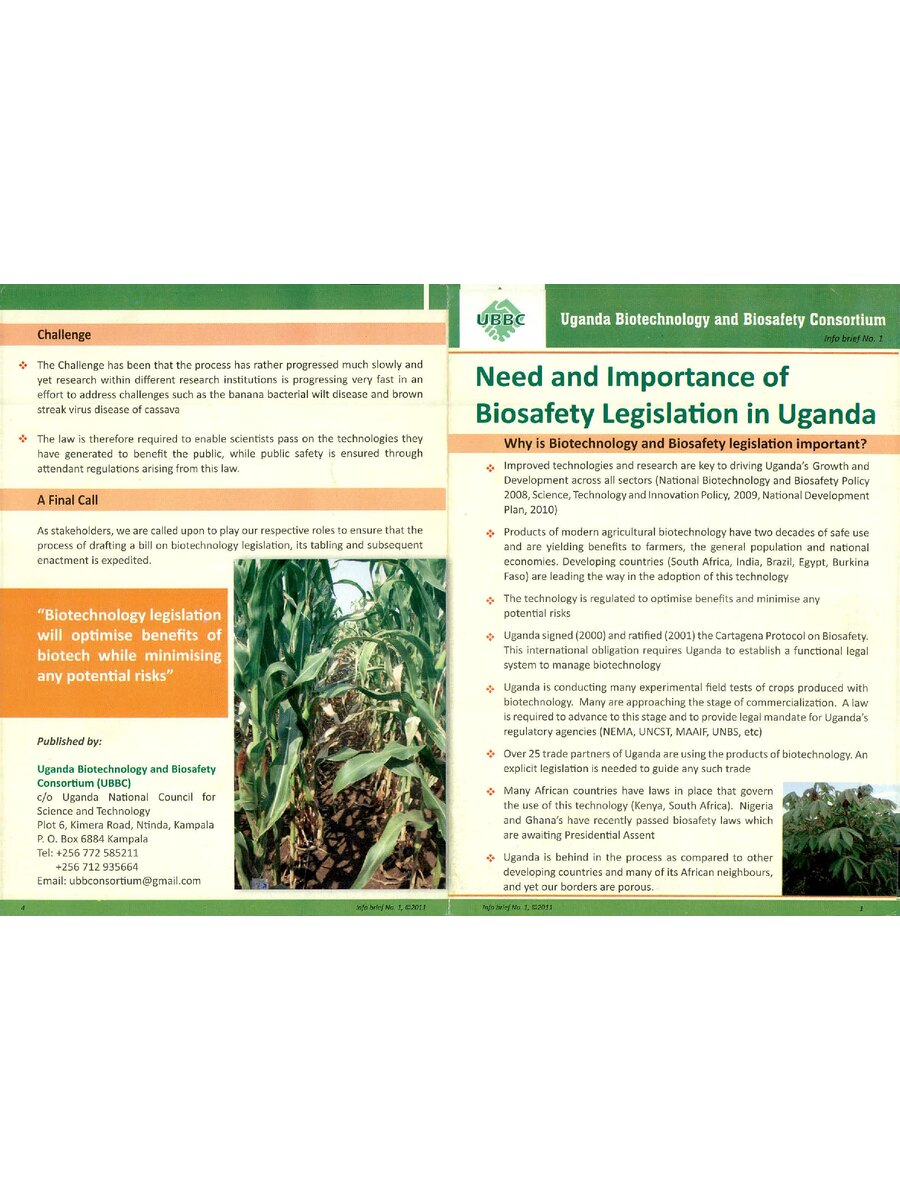 First page of Need and Importance of  Biosafety Legislation in Uganda