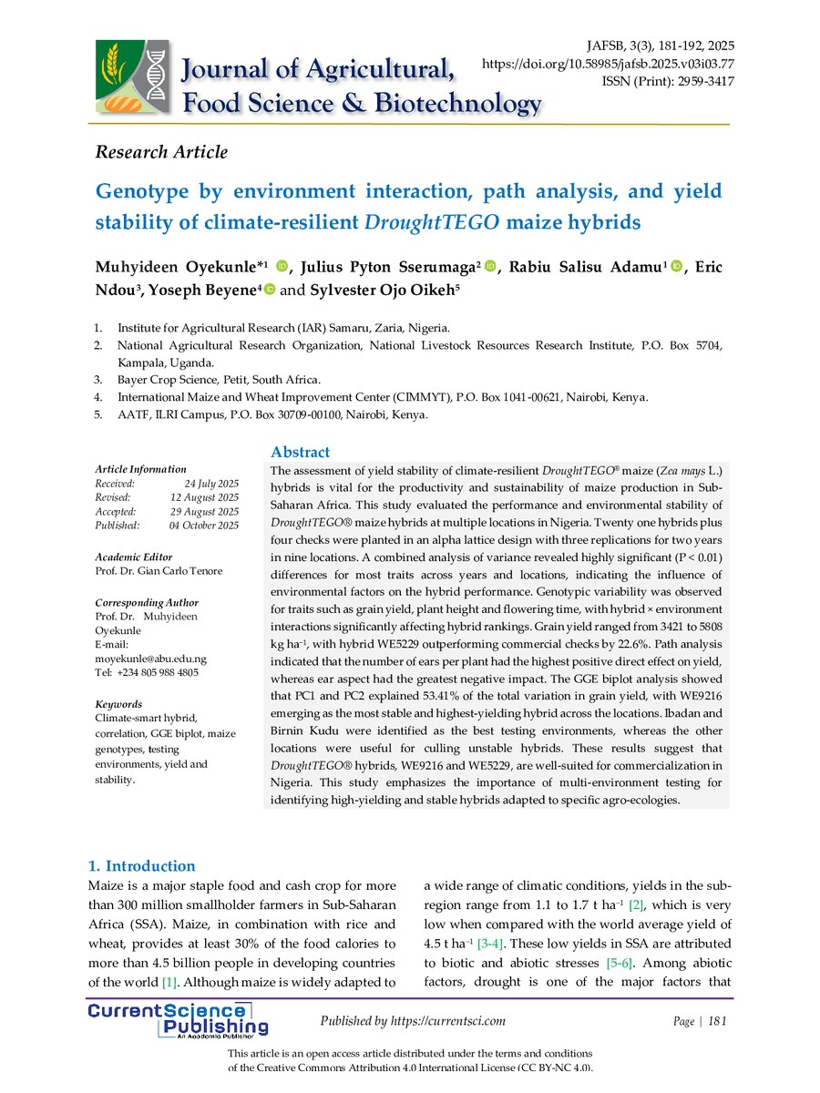 First page of Genotype by environment interaction, path analysis, and yield stability of climate-resilient DroughtTEGO maize hybrids