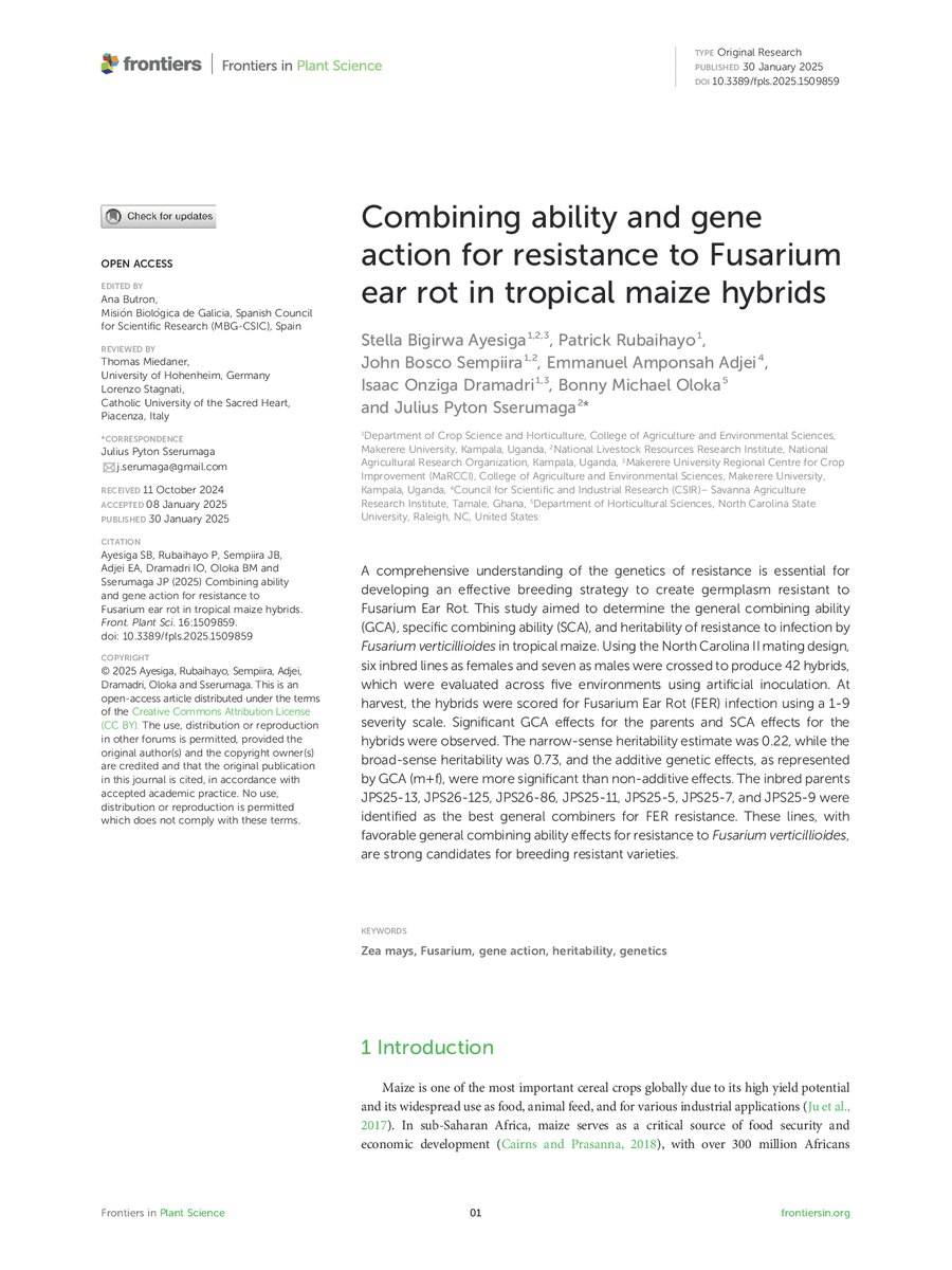 First page of Combining ability and gene action for resistance to Fusarium ear rot in tropical maize hybrids