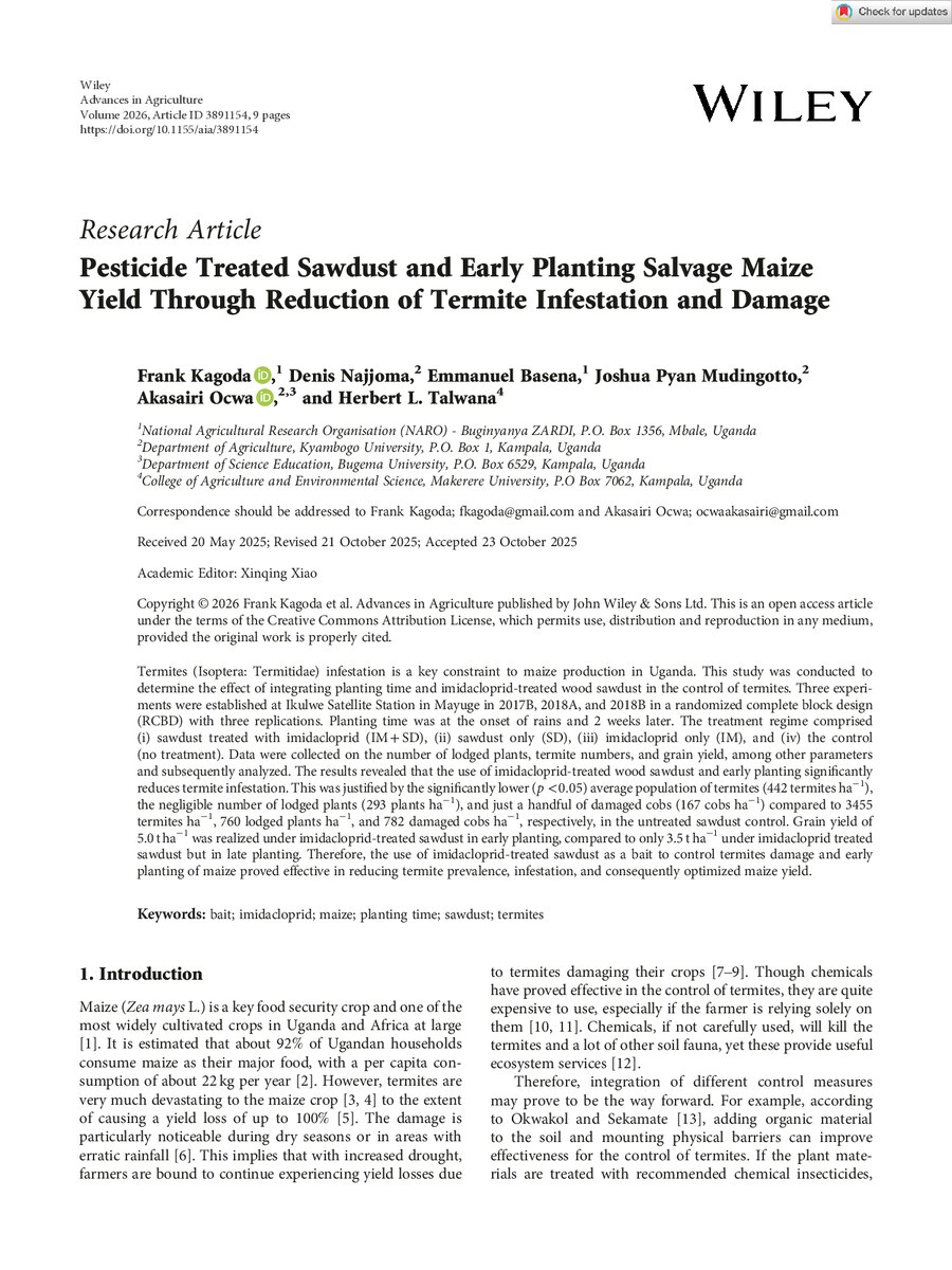 First page of Pesticide Treated Sawdust and Early Planting Salvage Maize Yield Through Reduction of Termite Infestation and Damage