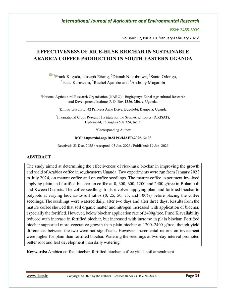 First page of Effectiveness of Rice-Husk Biochar in Sustainable Arabica Coffee Production in South Eastern Uganda