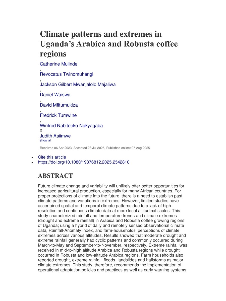 First page of Climate patterns and extremes in Uganda’s Arabica and Robusta coffee regions