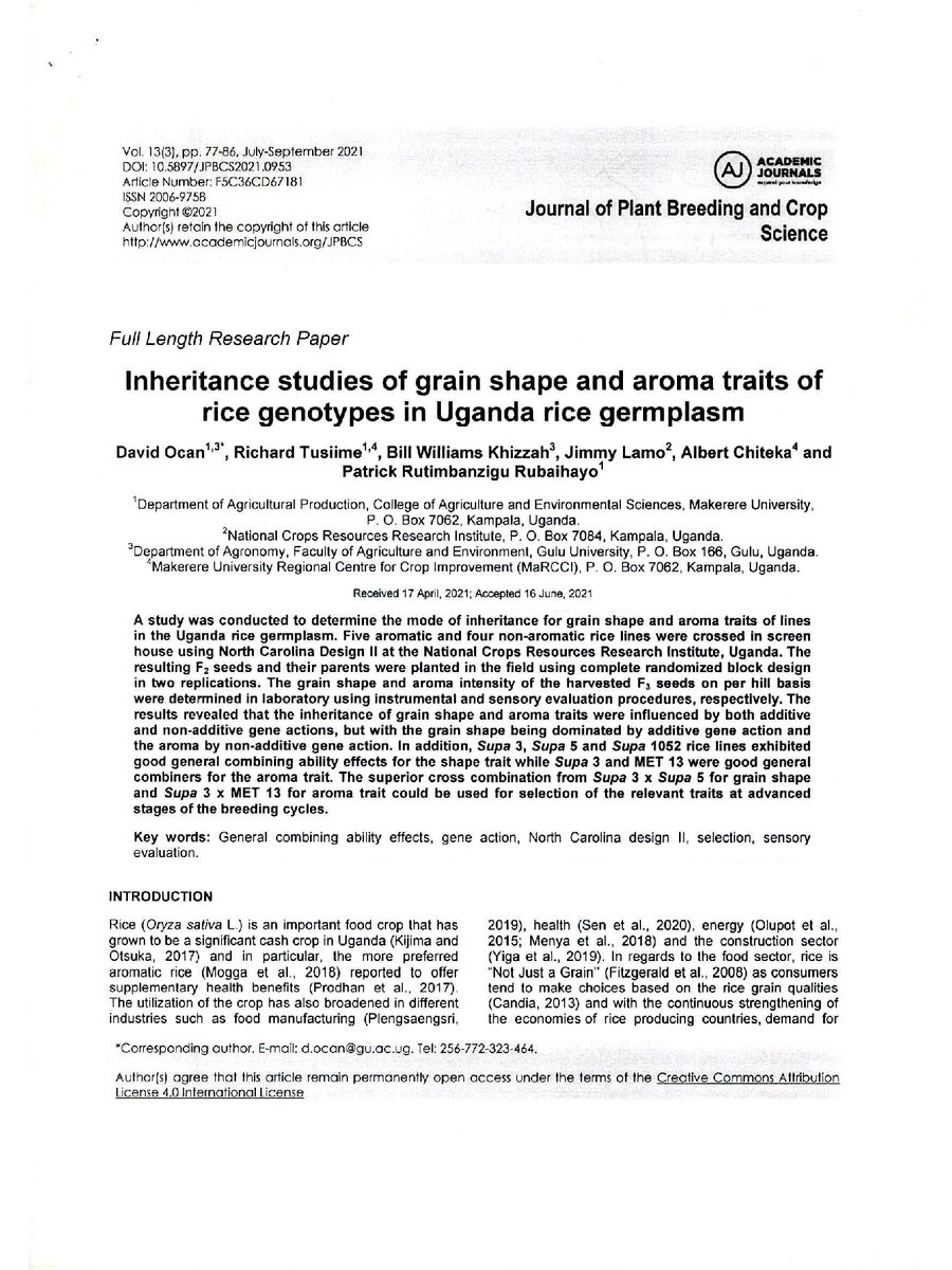 First page of Inheritance Studies of Grain Shape and Aroma Traits of Rice Genotypes in Uganda Rice Germplasm