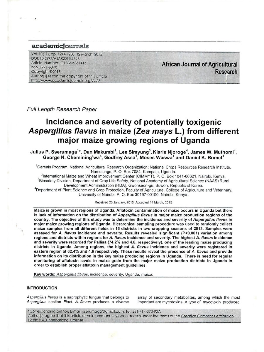 First page of Incidence and Severity of Potentially Toxigenic Aspergillus Flavus in Maize (Zea mays L.) from Different major Maize Growing Regions of Uganda