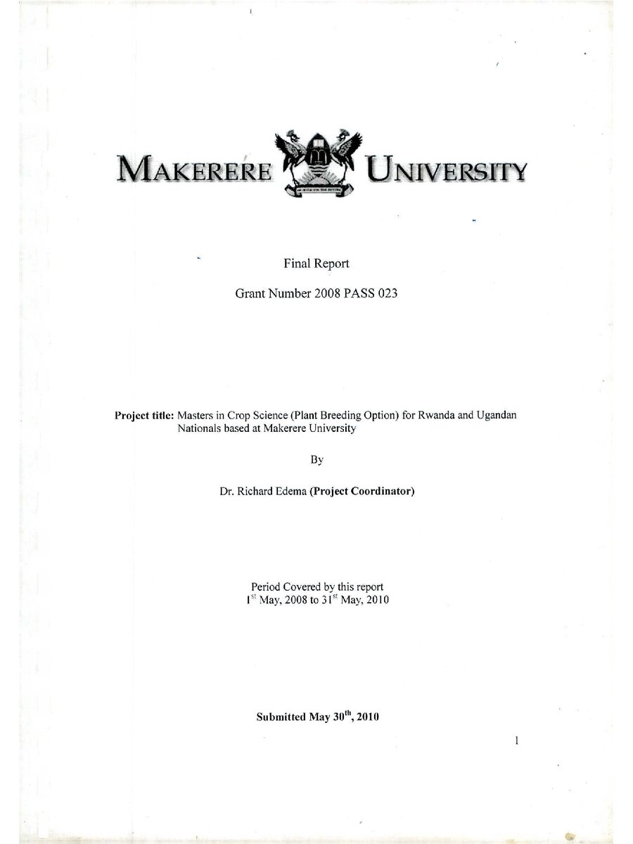 First page of Masters in Crop Science (Plant Breeding Option) for Rwanda and Ugandan Nationals Based at Makerere University