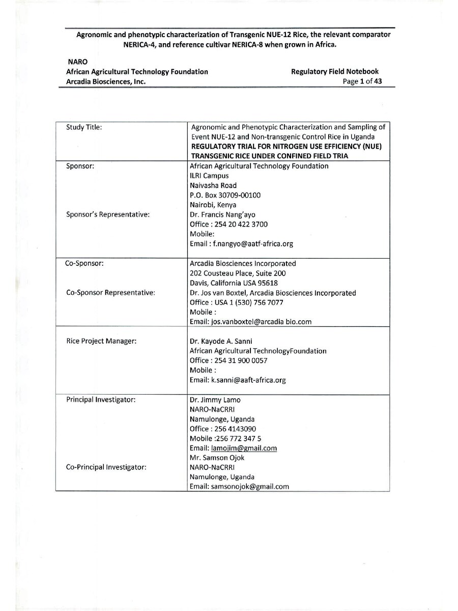 First page of Agronomic and Phenotypic Characterization of Transgenic NUE-12 Rice, the Relevant Comparator  NERICA-4 and Reference Cultivar NERICA-8 when Grown in Africa