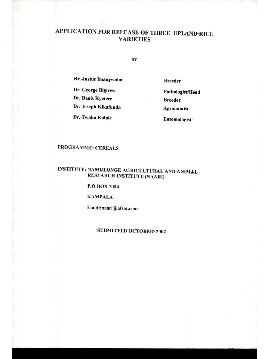 First page of Application for Release of Three Upland-Rice Varities