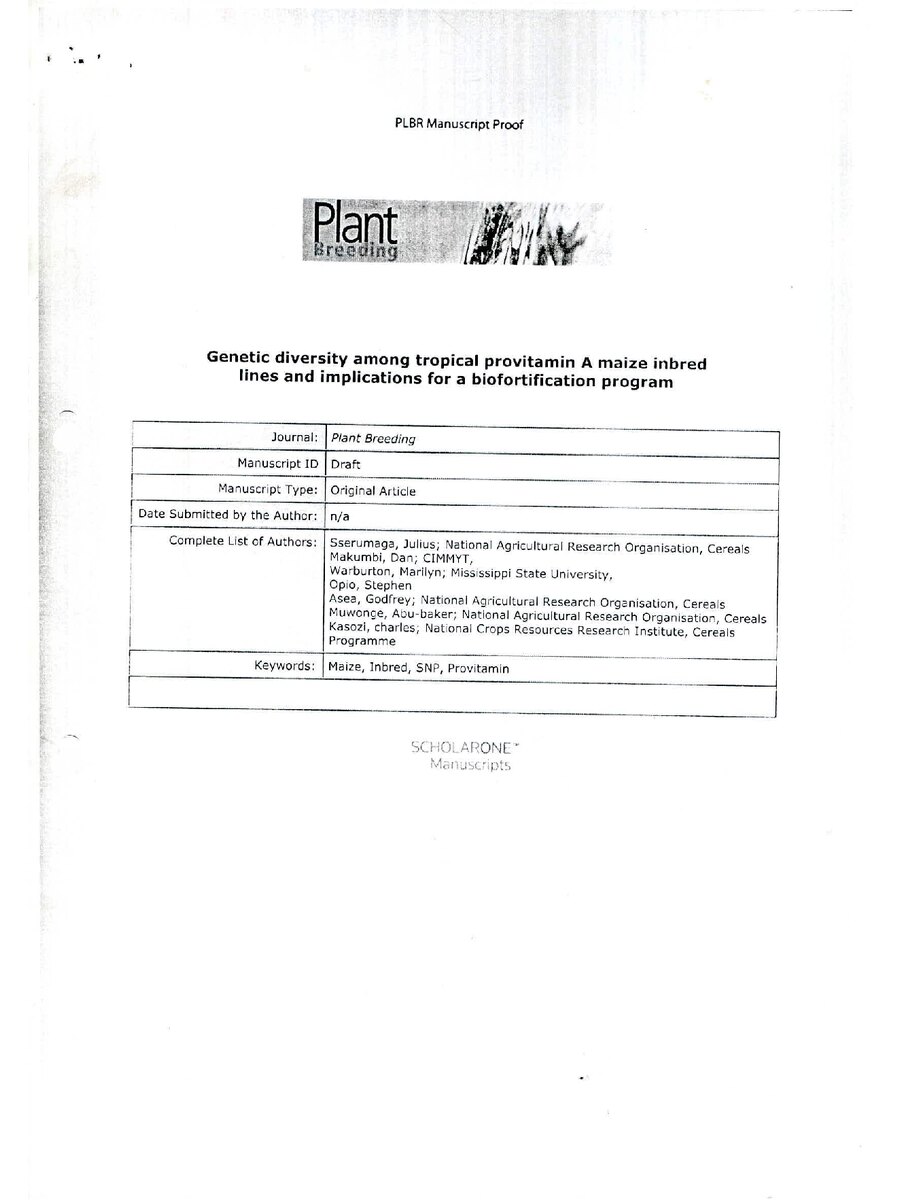 First page of Genetic Diversity among Tropical Provitamin A Maize inbred lines and Implications for a Biofortification Program