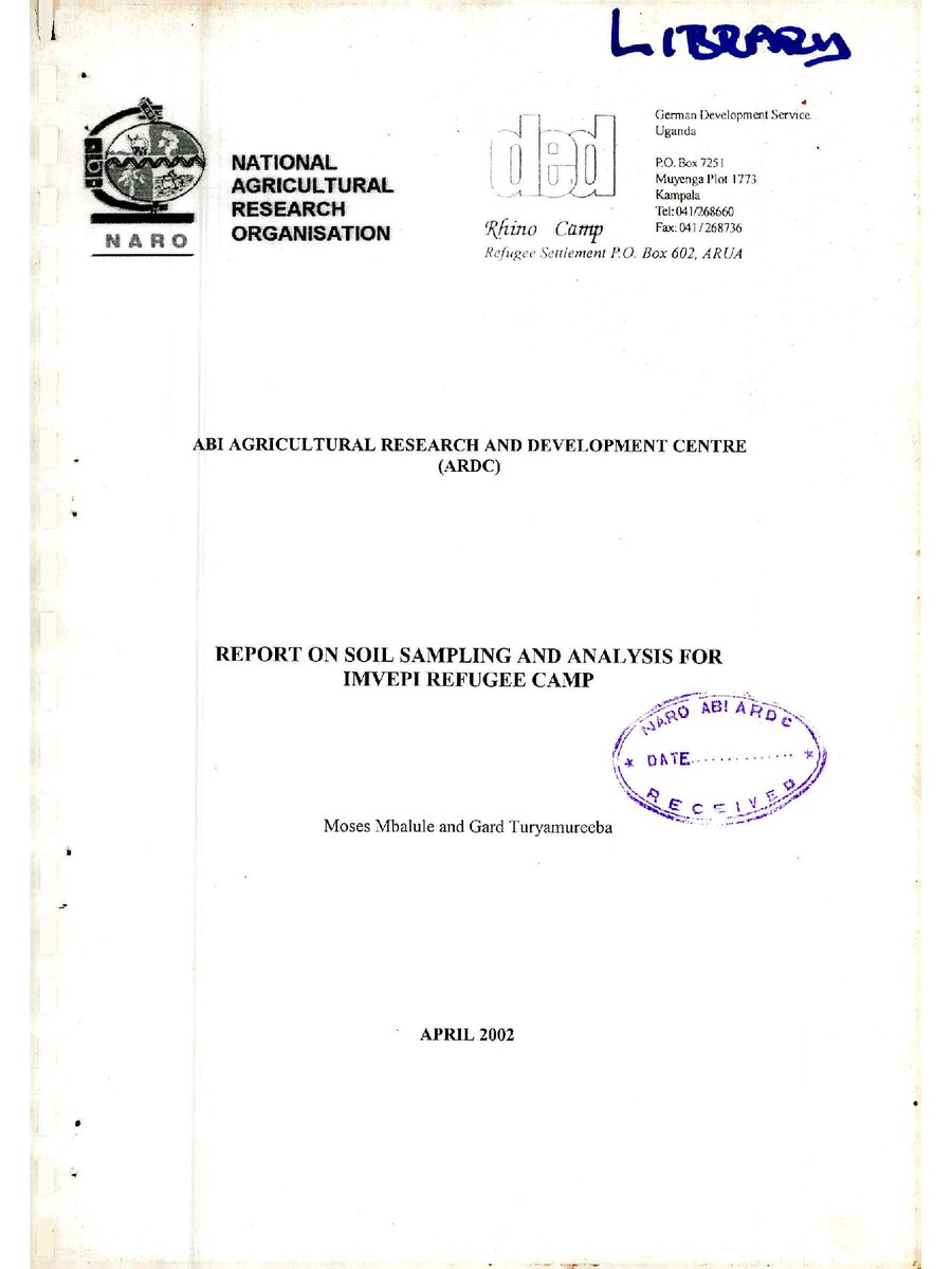First page of Report on Soil Sampling and Analysis for IMVEPI Refugee Camp