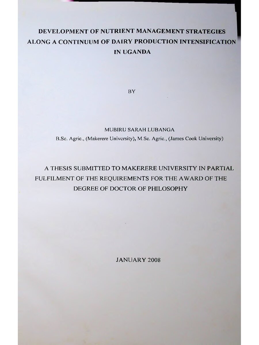First page of Development of Nutrient Management Strategies Along a Continuum of Dairy Production Intensification in Uganda