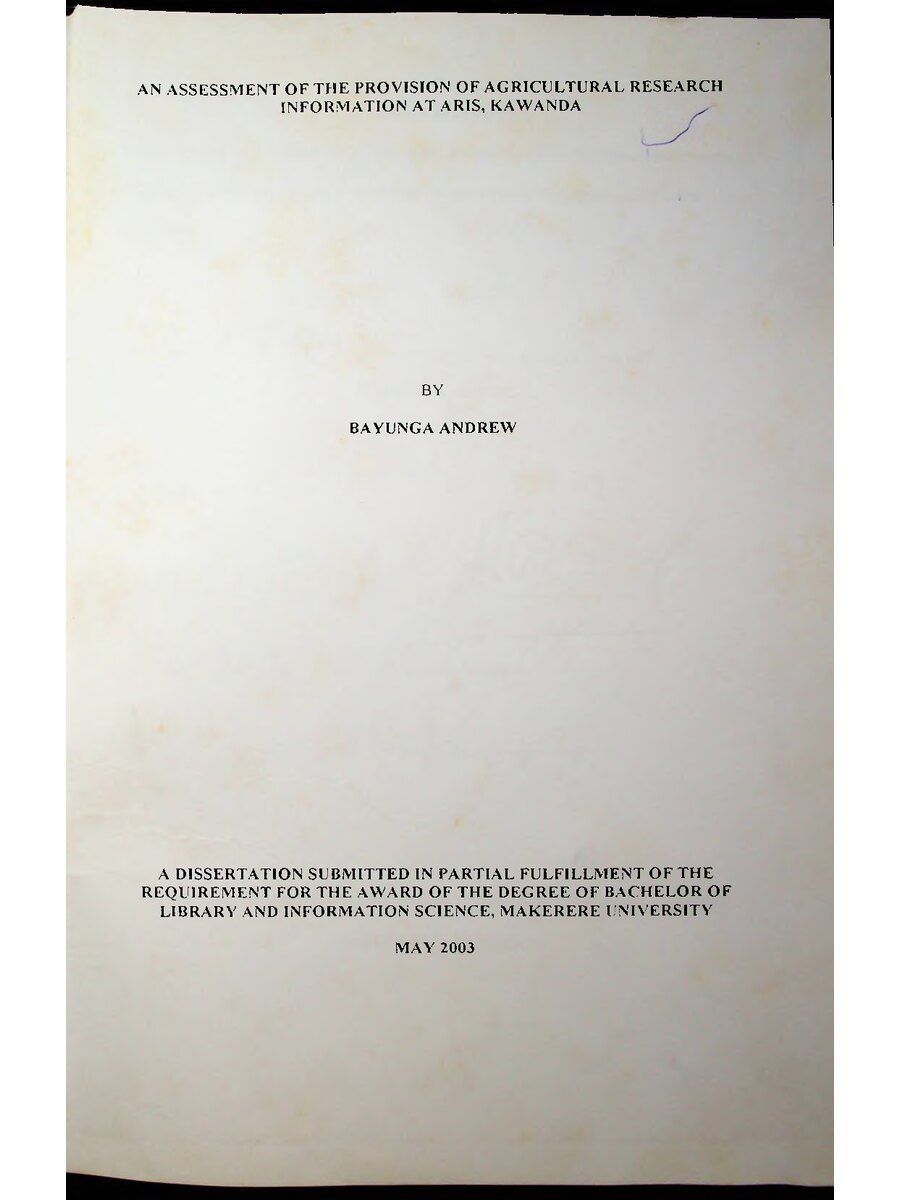 First page of An Assessment of the Provision of Agricultural Research Information at Aris, Kawanda