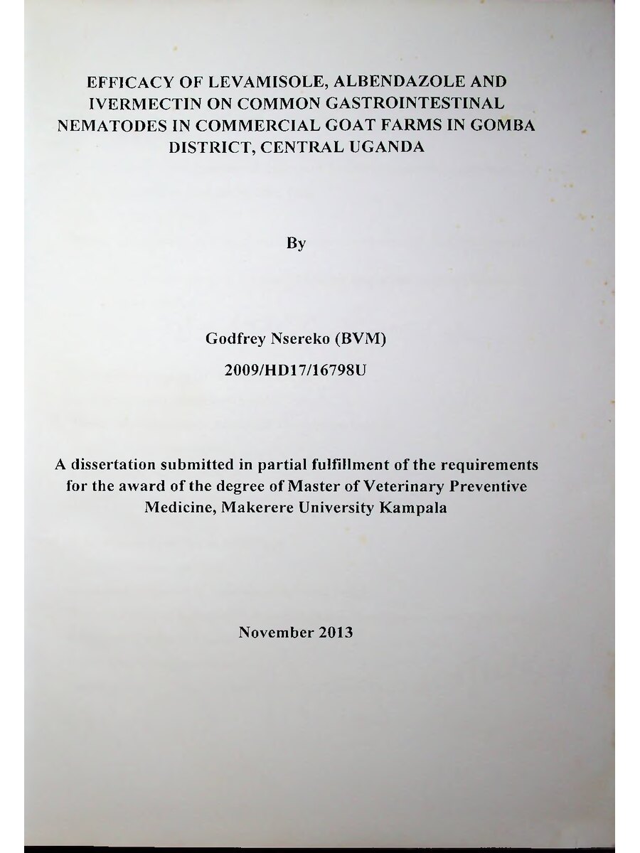 First page of Efficacy of Levamisole, Albendazole and Ivermetin on Common Gastrointestinal Nematodes in Commercial Goat Farms in Gomba District, Central Uganda