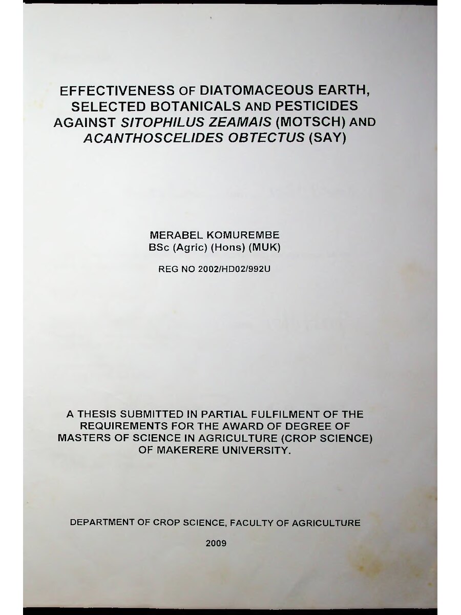 First page of Effectiveness of Diatomaceous Earth, Selected Botanicals and Pesticides Against Sitophilus Zeamais (MOTSCH) and Acanthoscelides Obtectus