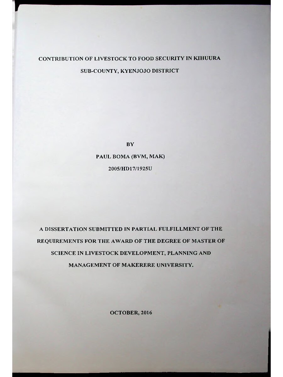First page of Contribution of Livestock to Food Security in Kihyyra Sub-County, Kyenjojo District