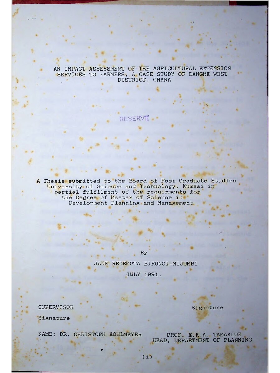 First page of An Impact Assessment of the Agricultural Extension Services to Farmers: A Case Study of Dangme West District, Ghana