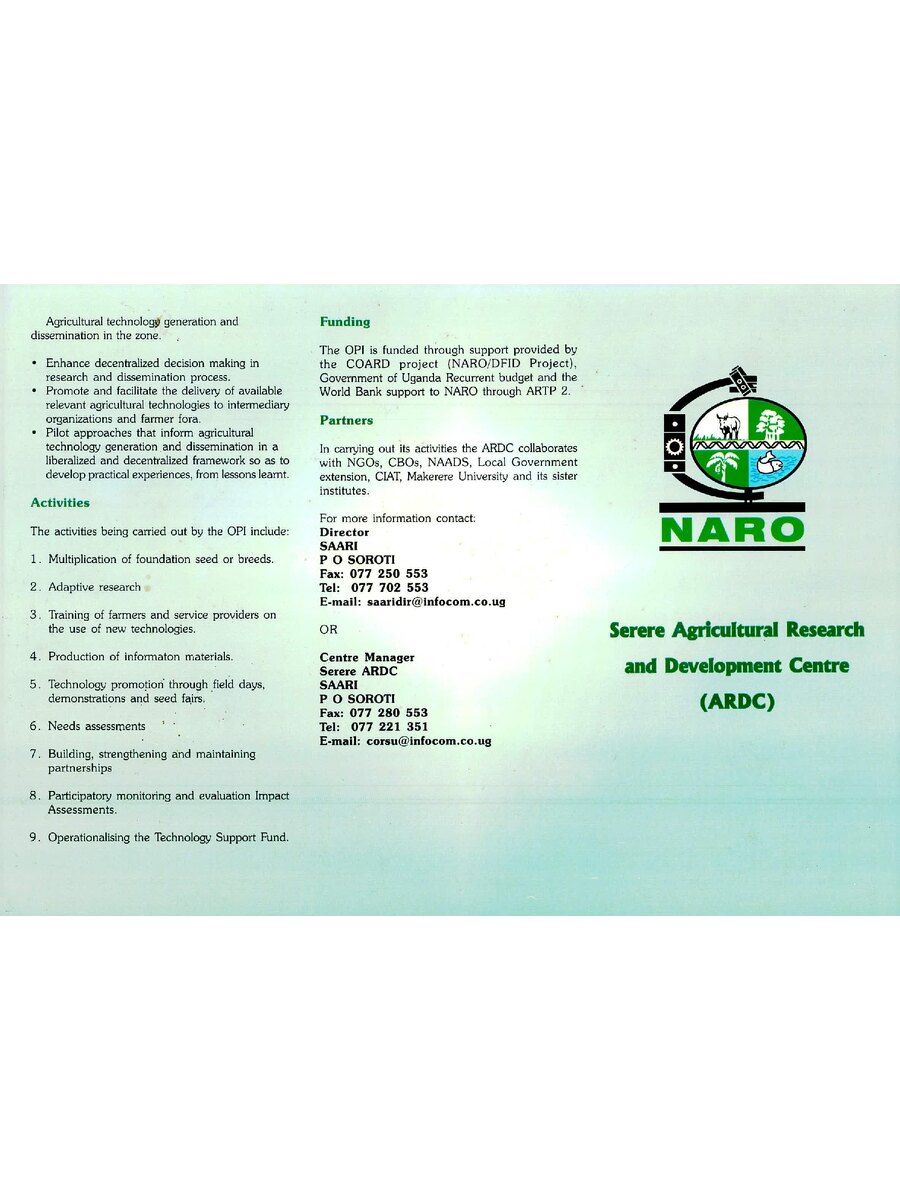 First page of Serere Agricultural Research and Development Centre (ARDC)