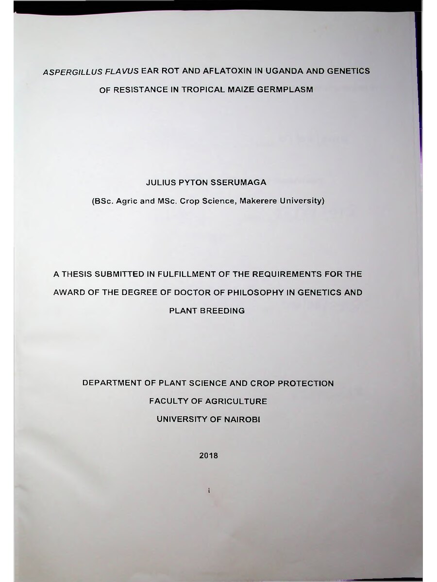 First page of Aspergillus Flavus Ear Rot and Aflatoxin in Uganda and Genetics of Resistance in Tropical Maize Germplasm
