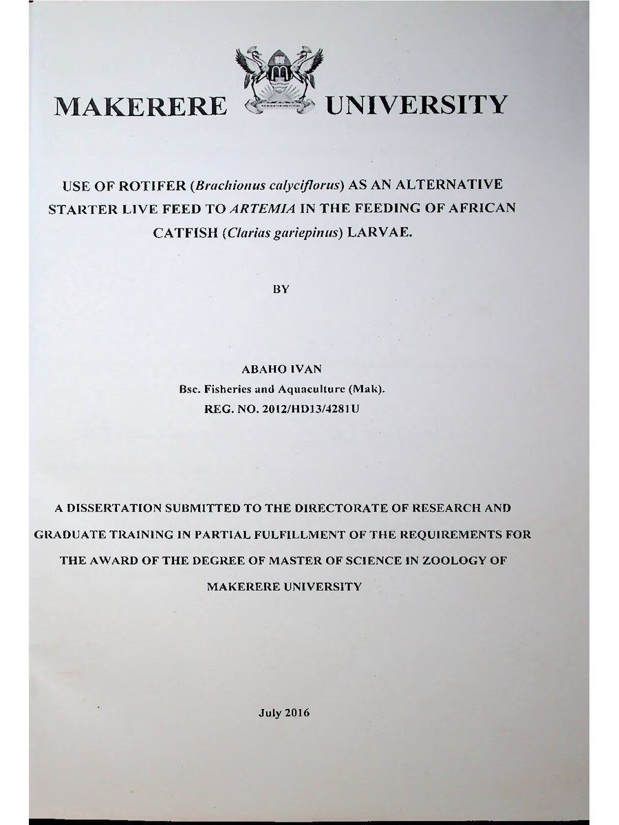 First page of Use of Rotifer (Brachionus calyciflorus) as an Alternative Starter Live Feed to Artemia in the Feeding of African