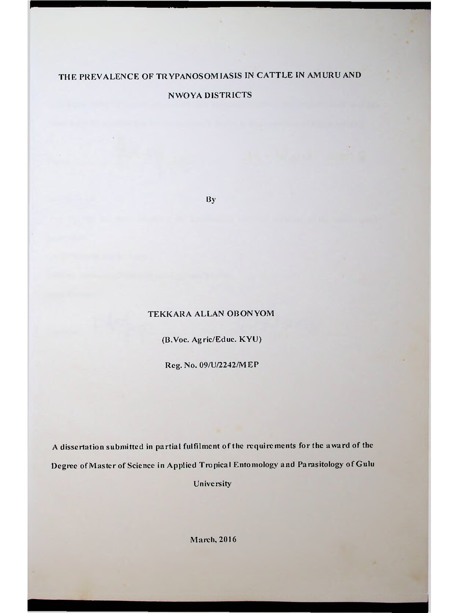 First page of for the publication titled The Prevalence of Trypanosomiasis in Cattle in Amuru and Nwoya Districts
