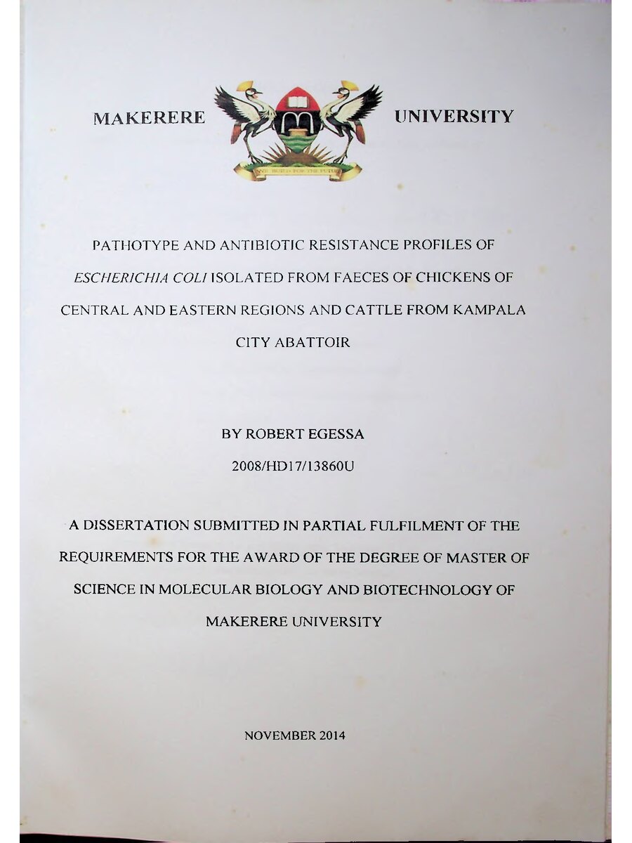 First page of Pathotype and Antibiotic Resistance Profiles of Escherichia coli Isolated from Faeces of Chickens of Central and Eastern Regions and Cattle from Kampala City Abattoir