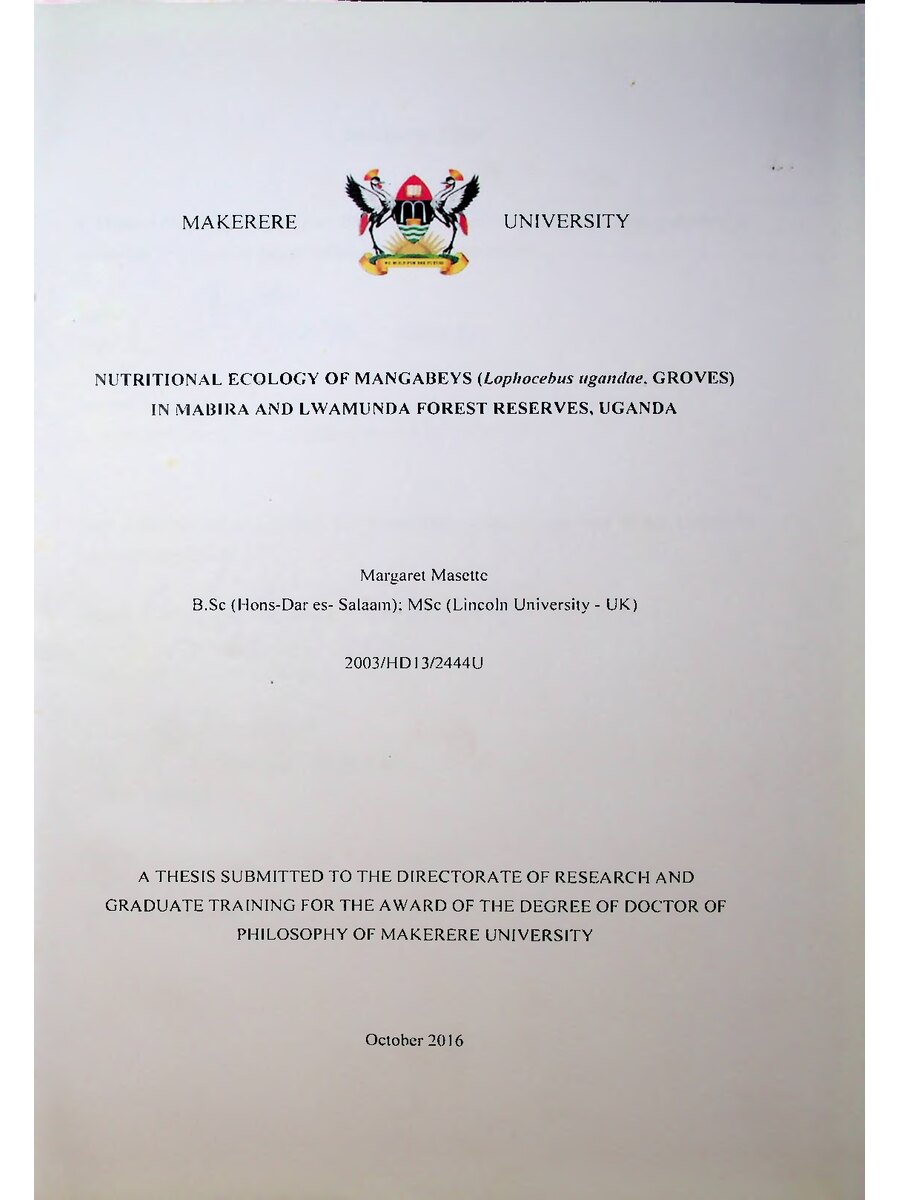 First page of Nutritional Ecology of Mangabeys in Mabira and Lwamunda Forest Reserves, Uganda