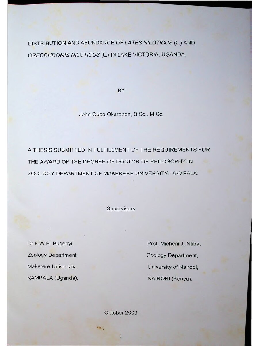 First page of Distribution and Abundance of Lates Niloticus (L.) and Oreochromis Niloticus (L.) in Lake Victoria, Uganda