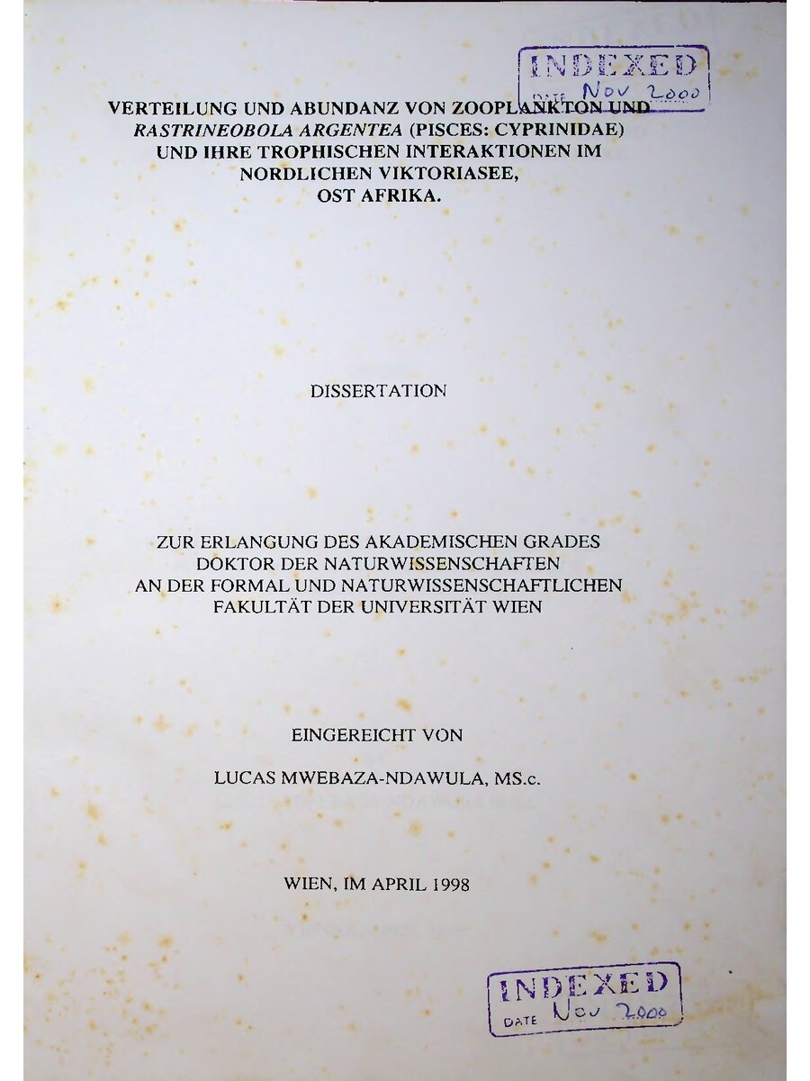 First page of Distribution and Abundance of Zooplankton and Rastrineobola  Argentea (PISCES: CYPRINIDAE) and their Trophic Interactions in Northern Lake Victoria, East Africa