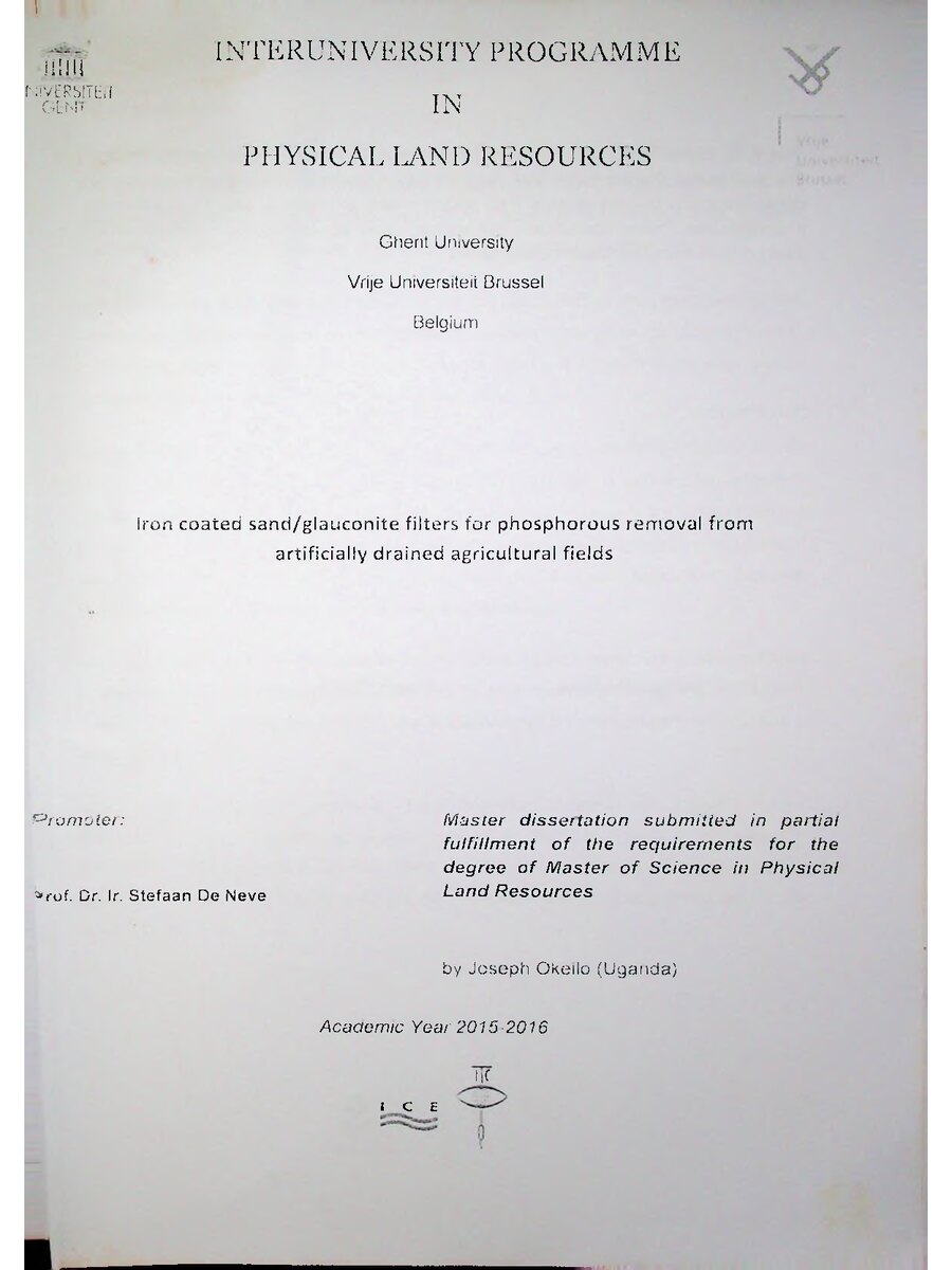 First page of Iron Coated Sand/Glauconite Filters for Phosphorous Removal from  Artificially Drained Agricultural Fields