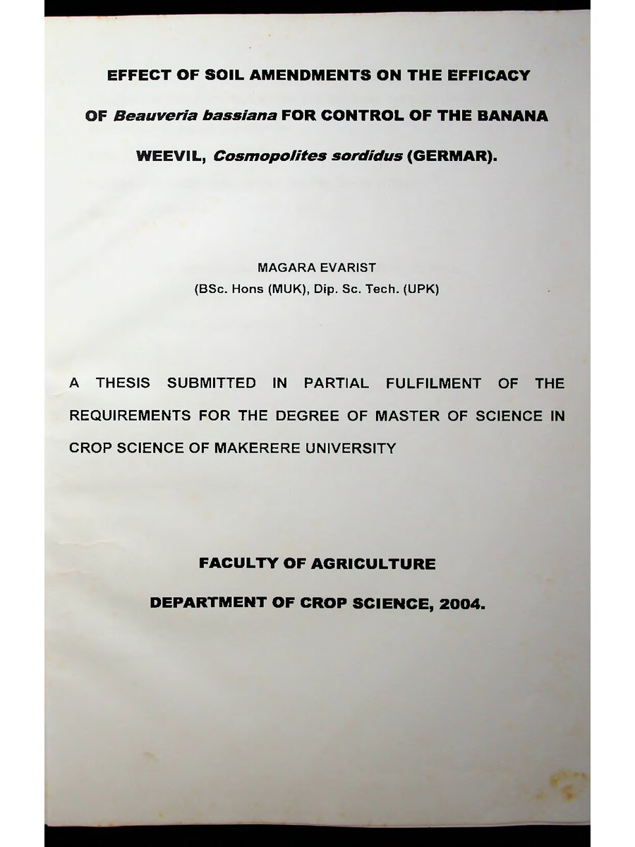 First page of Effect of Soil Amendments on the Efficacy of Beauveria for Control of the Banana Weevil, Cosmopolites Sordidus (GERMAR)