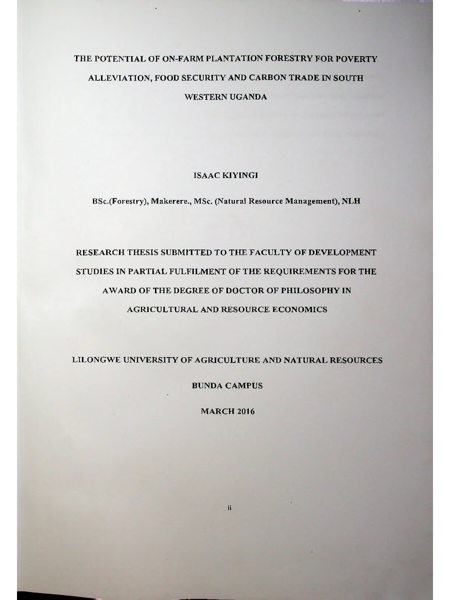 First page of The Potential of On-Farm Plantation Forestry for Poverty Alleviation, Food Security and Carbon Trade in South Western Uganda