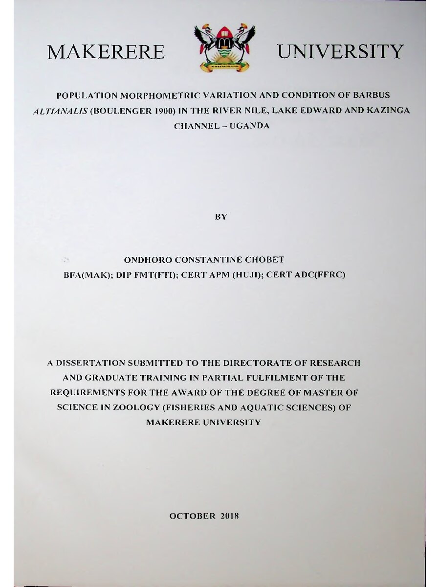First page of Population Morphomrtric Variation and Condition of Barbus Altianalis (BOULENGER 1900) in the River Nile, Lake Edward and Kazinga Channel-Uganda